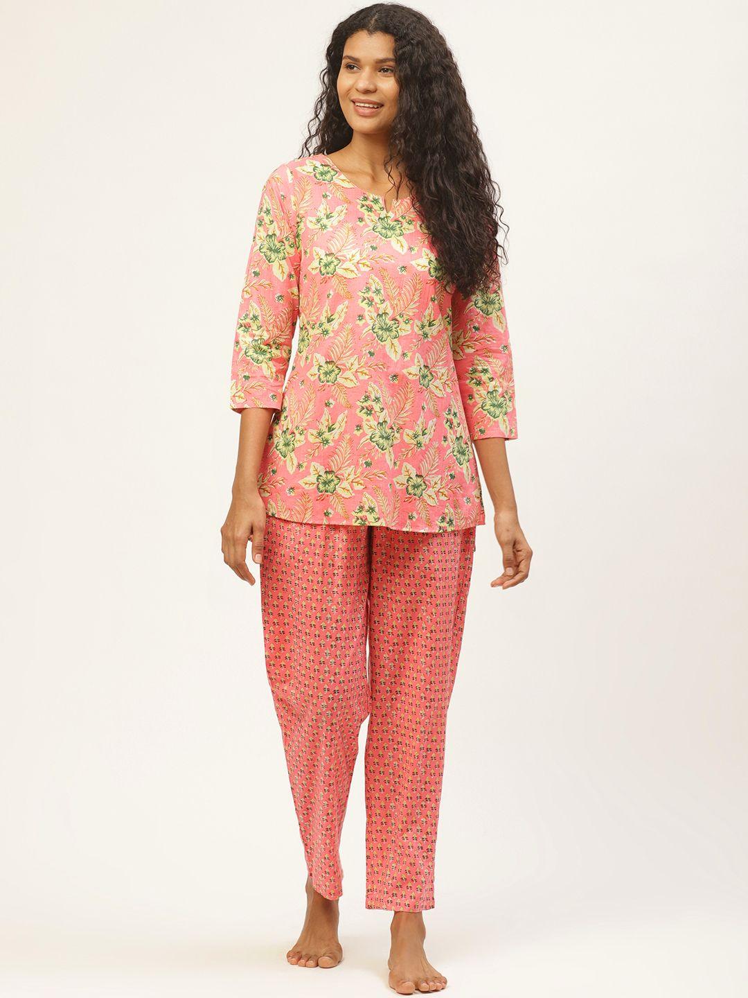 prakrti women pink & green floral printed night suit