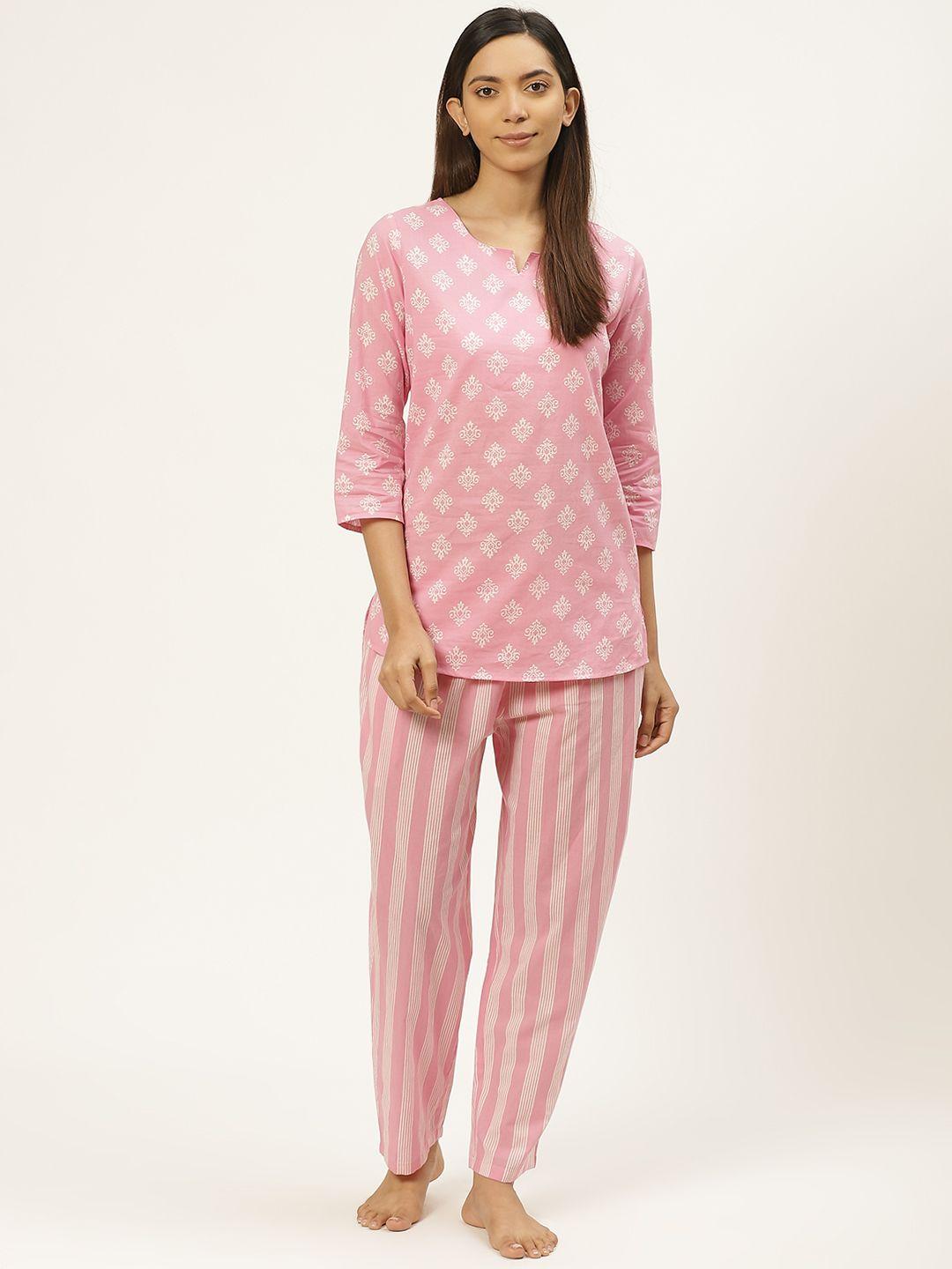 prakrti women pink & white pure cotton printed nightsuit