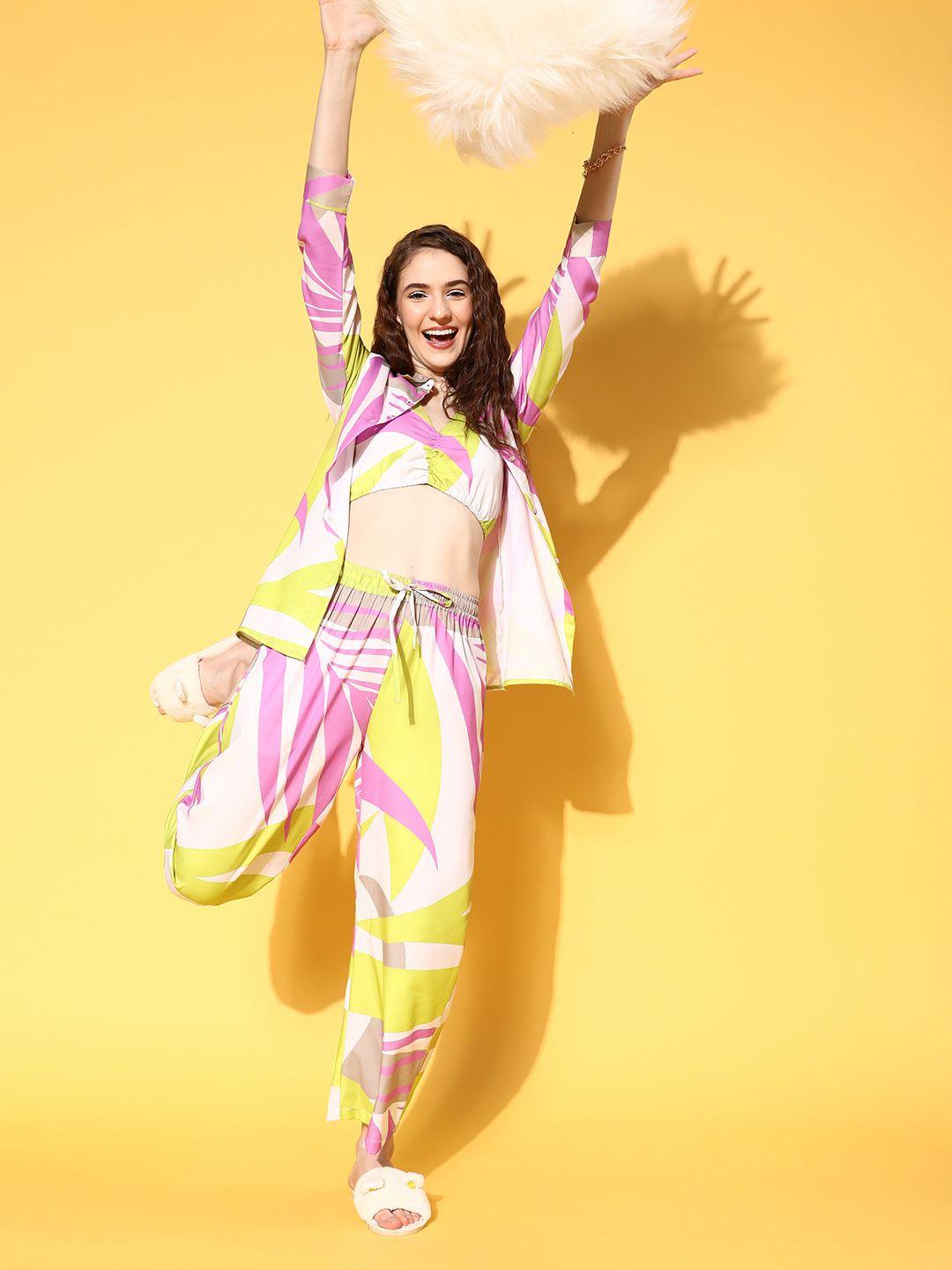 prakrti women pink & yellow abstract print night suit