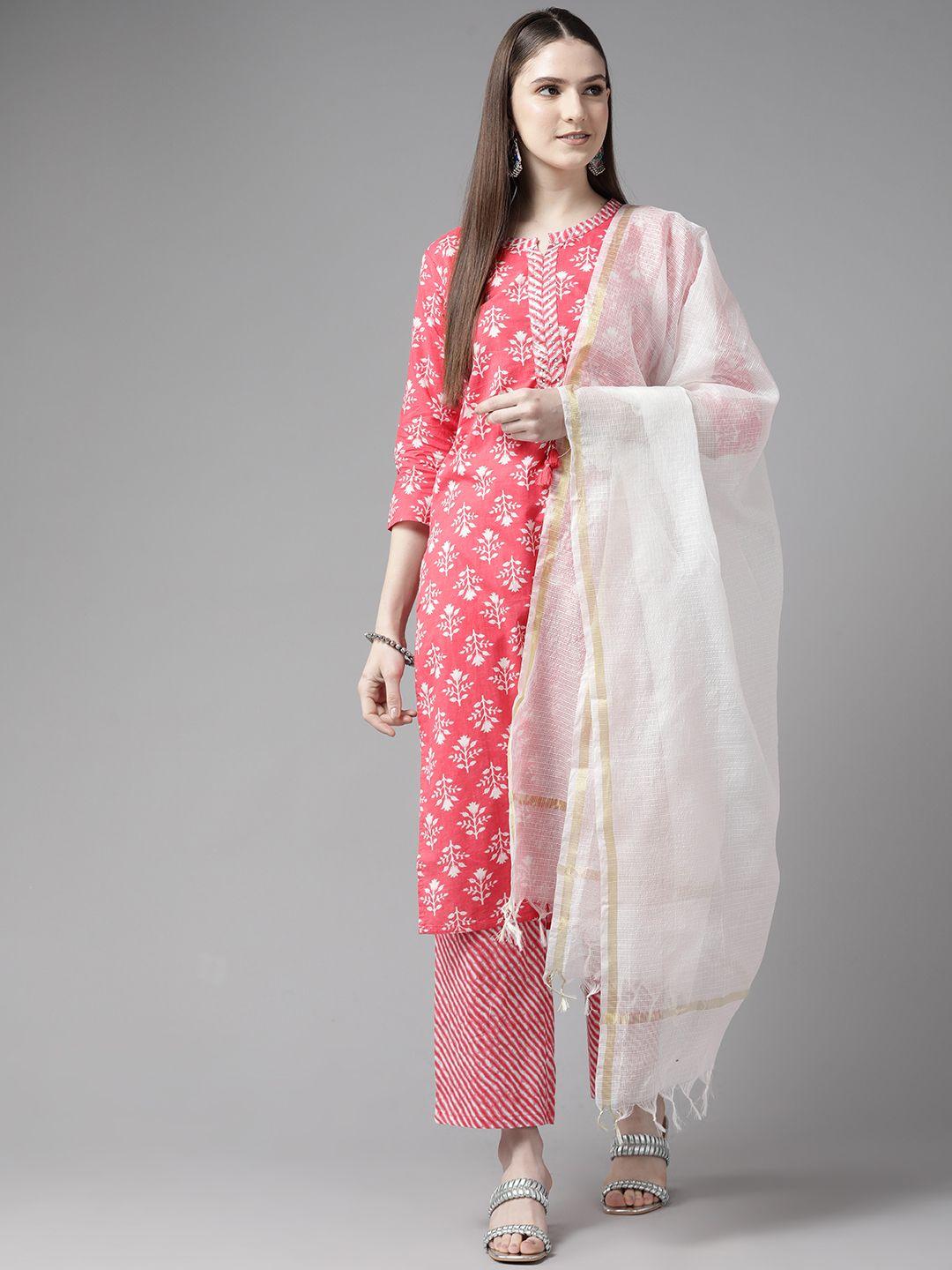 prakrti women pink ethnic motifs printed pure cotton kurta with palazzos & with dupatta