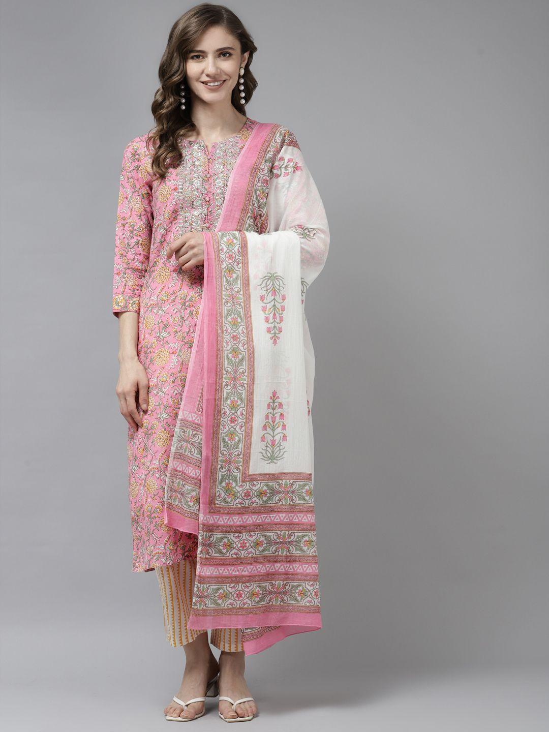 prakrti women pink ethnic motifs printed pure cotton kurta with trousers & dupatta