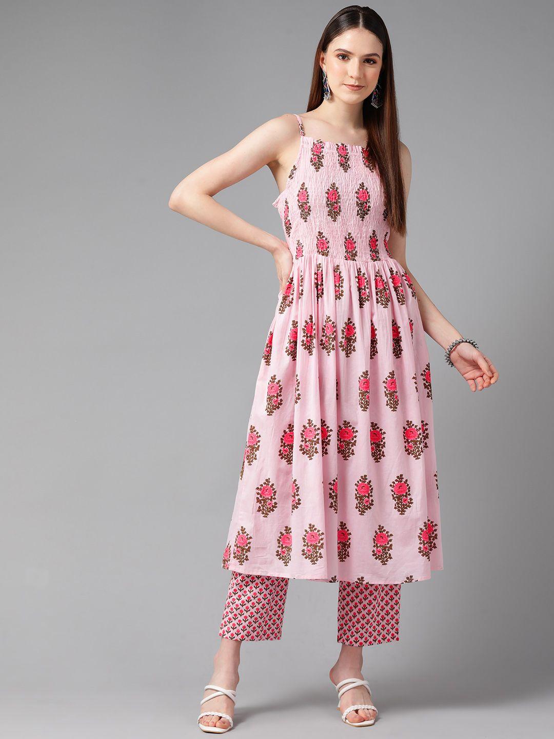 prakrti women pink floral printed pure cotton kurta with palazzos