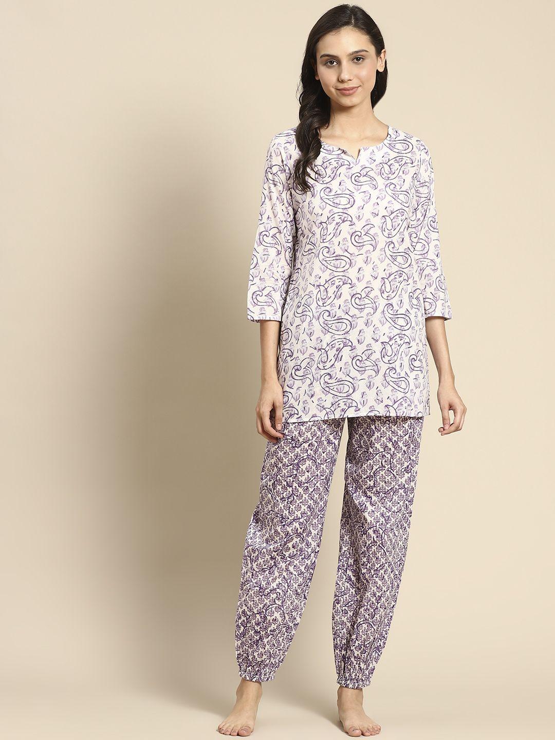 prakrti women purple & white cotton handblock printed night suit