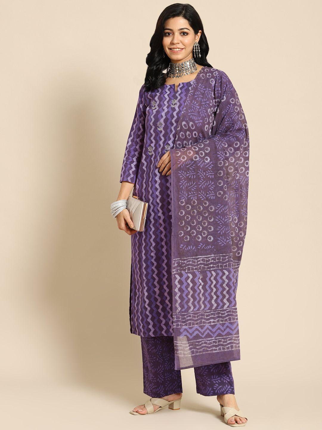 prakrti women purple printed regular pure cotton kurta with palazzos & with dupatta