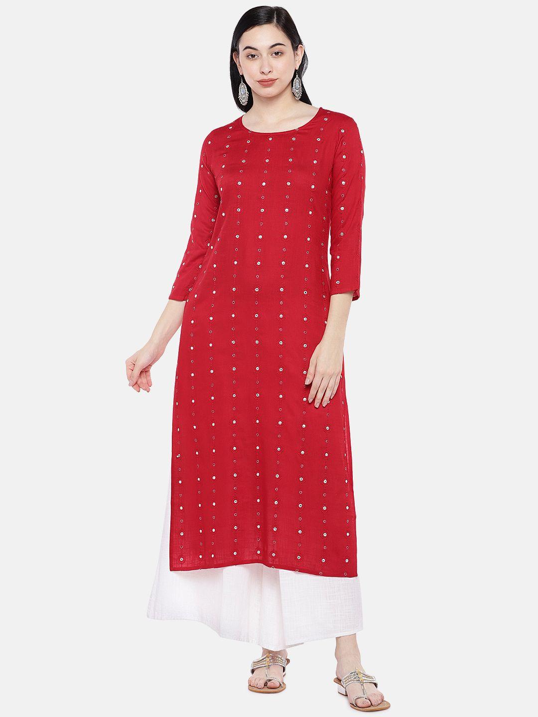 prakrti women red embroidered straight kurta