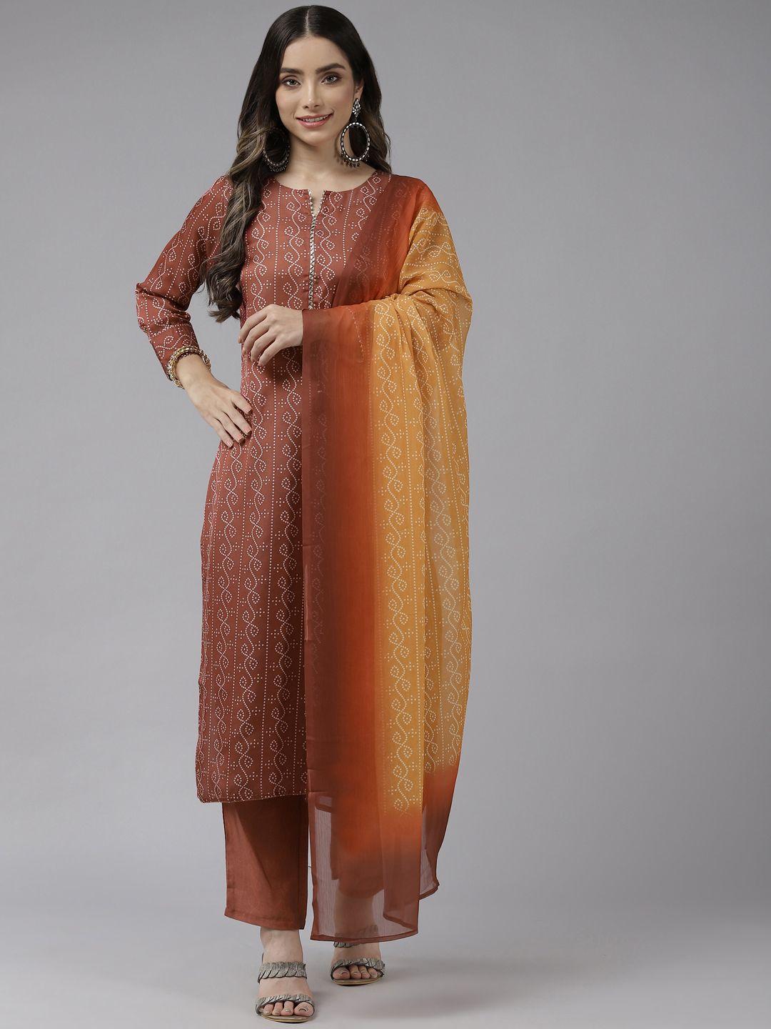 prakrti women rust red bandhani printed kurta with trousers & dupatta