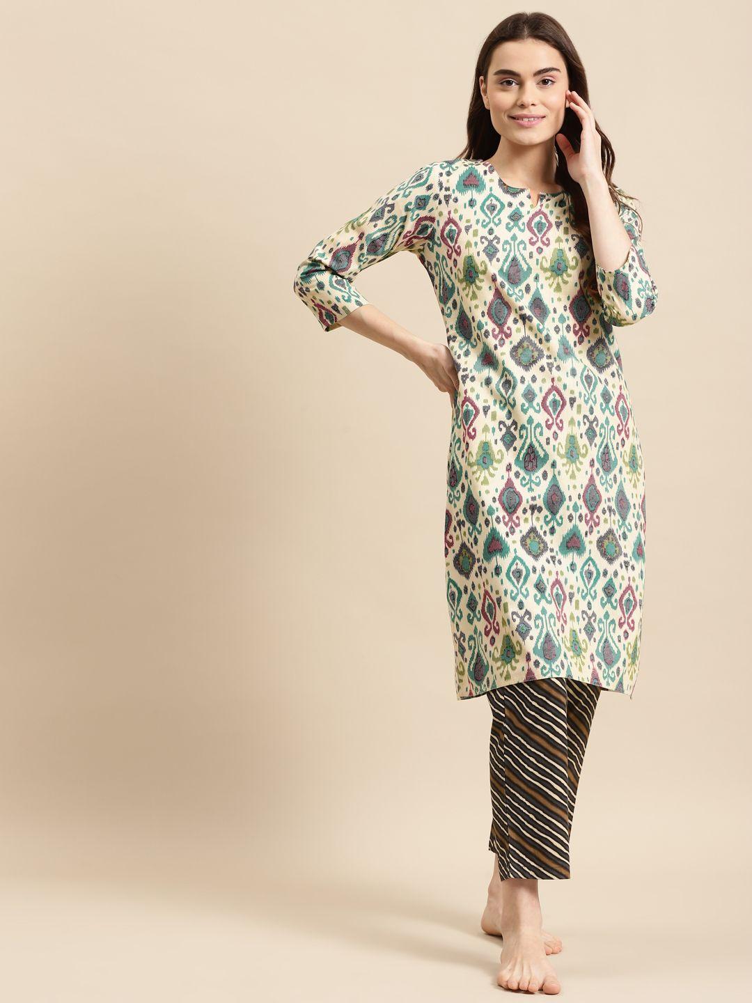 prakrti women sea green & multicoloured printed night suit