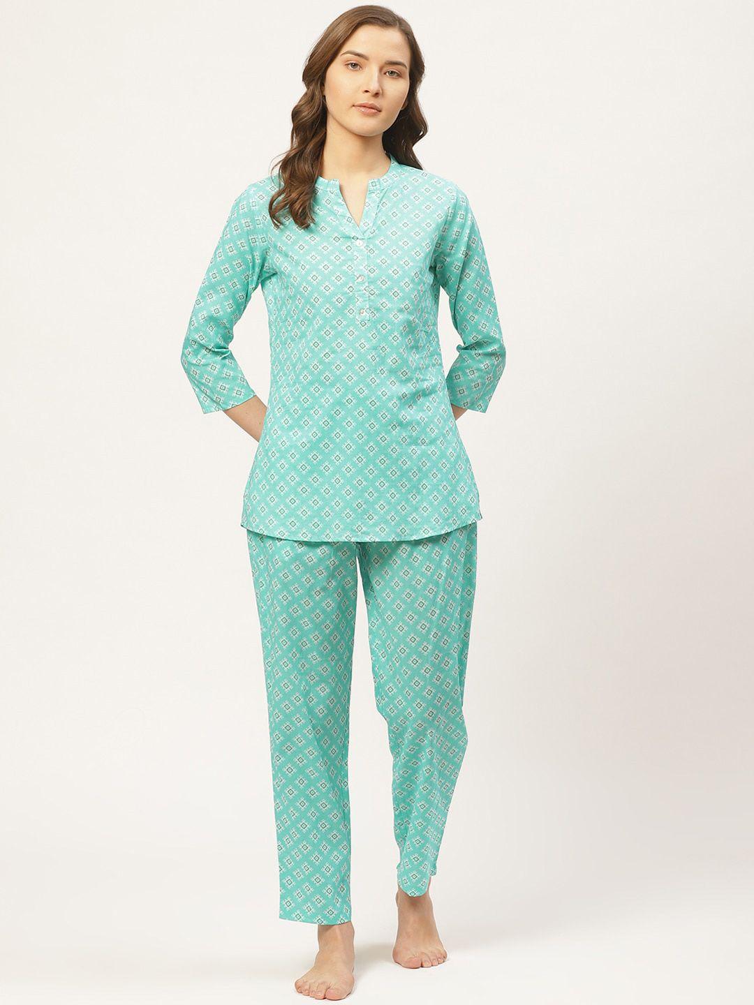 prakrti women sea green & white all-over geometric printed cotton night suit set