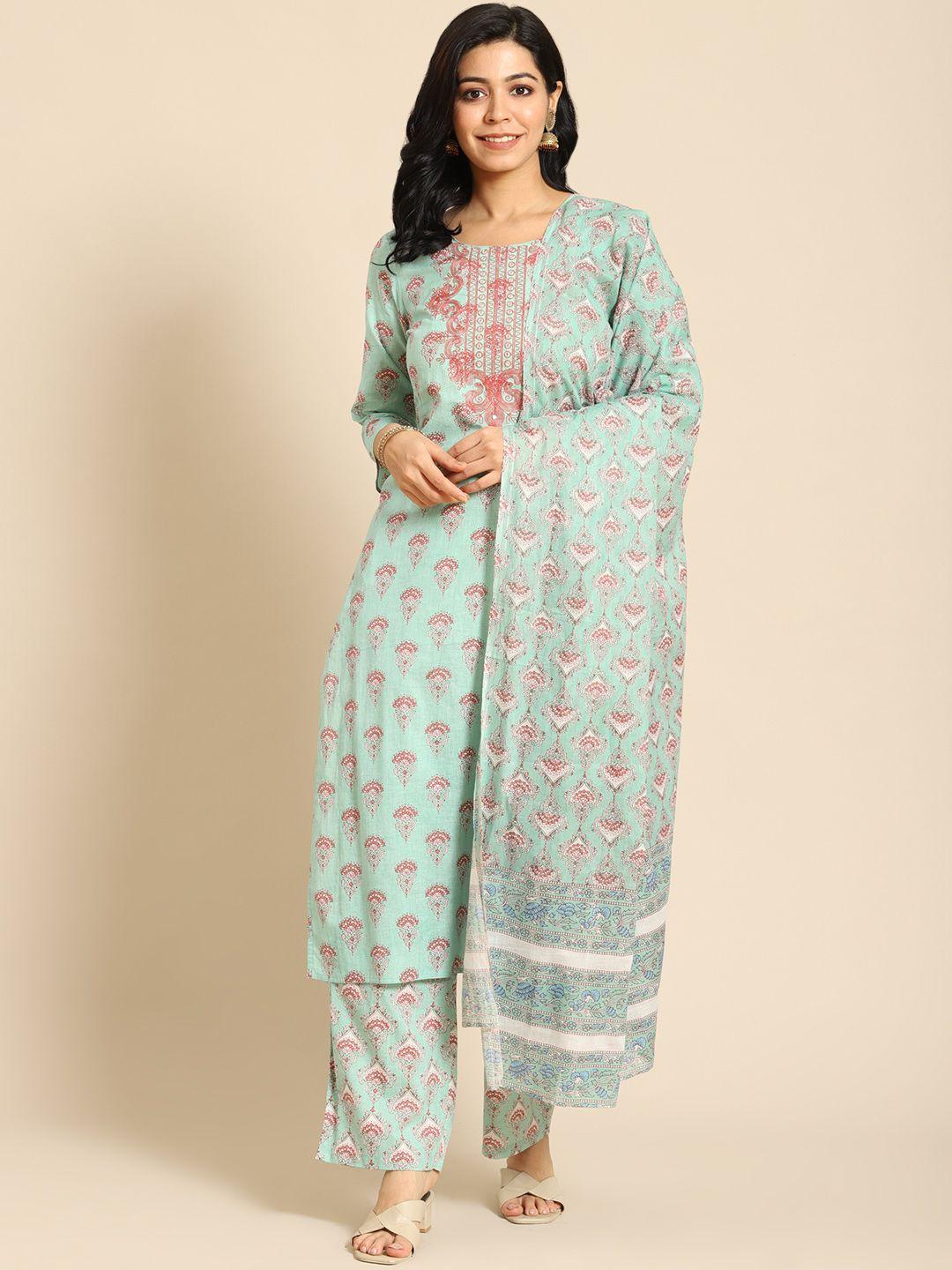 prakrti women sea green printed regular pure cotton kurta with trousers & with dupatta