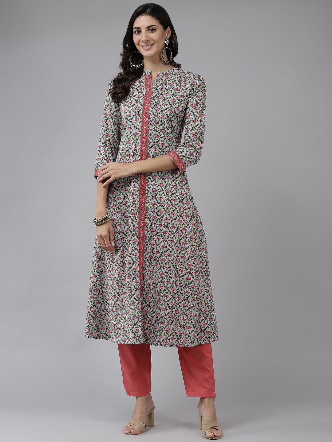 prakrti women turquoise blue & pink floral printed floral kurta