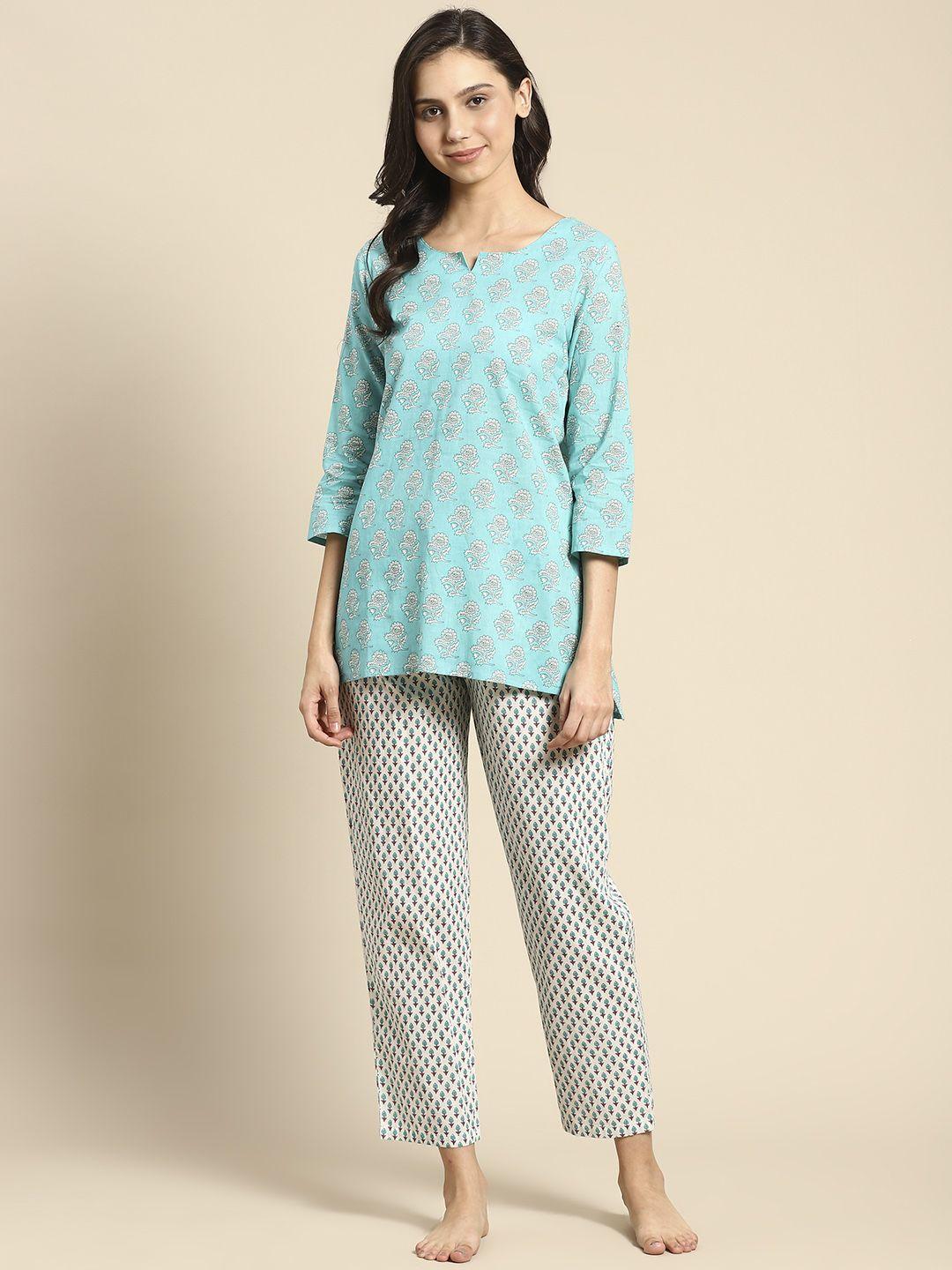 prakrti women turquoise blue & white pure cotton printed night suit