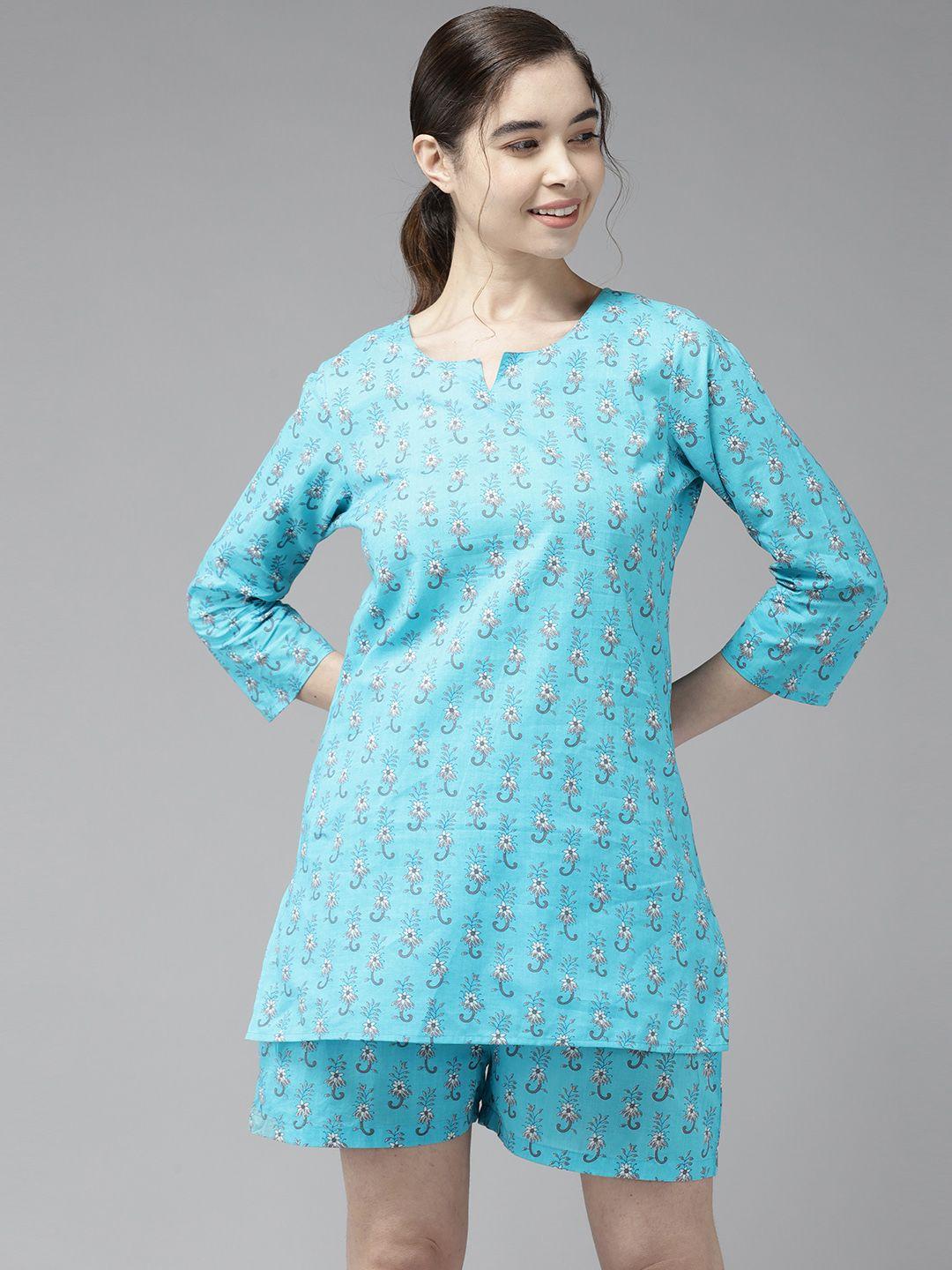 prakrti women turquoise blue printed cotton night suit
