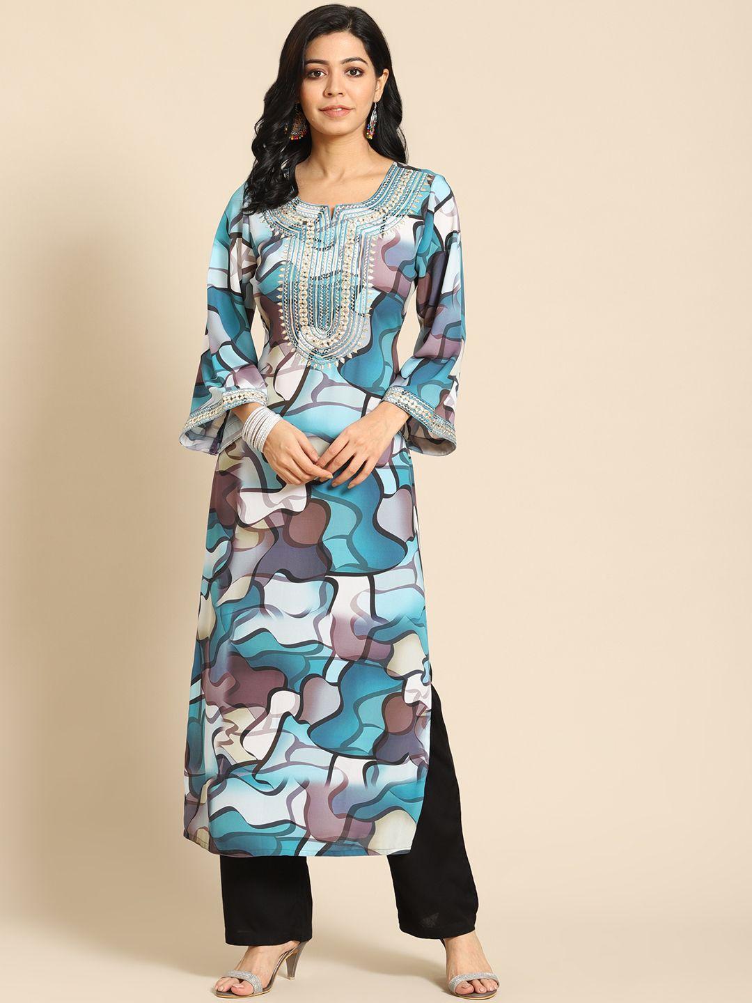 prakrti women turquoise blue printed regular kurta with trousers