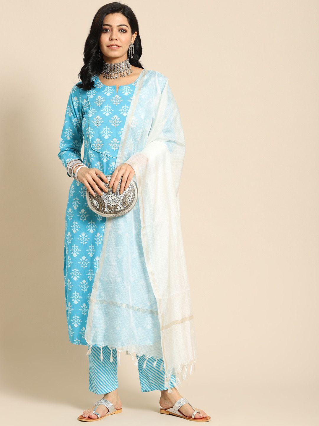 prakrti women turquoise blue printed regular pure cotton kurta with trousers & with dupatta