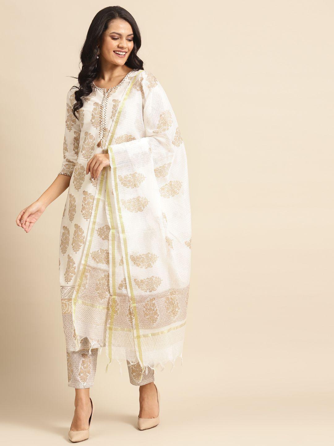 prakrti women white & beige hand block print kurta with trousers & dupatta