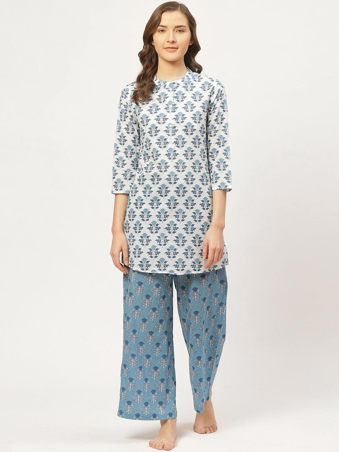 prakrti women white & blue printed all-over floral printed cotton night suit set