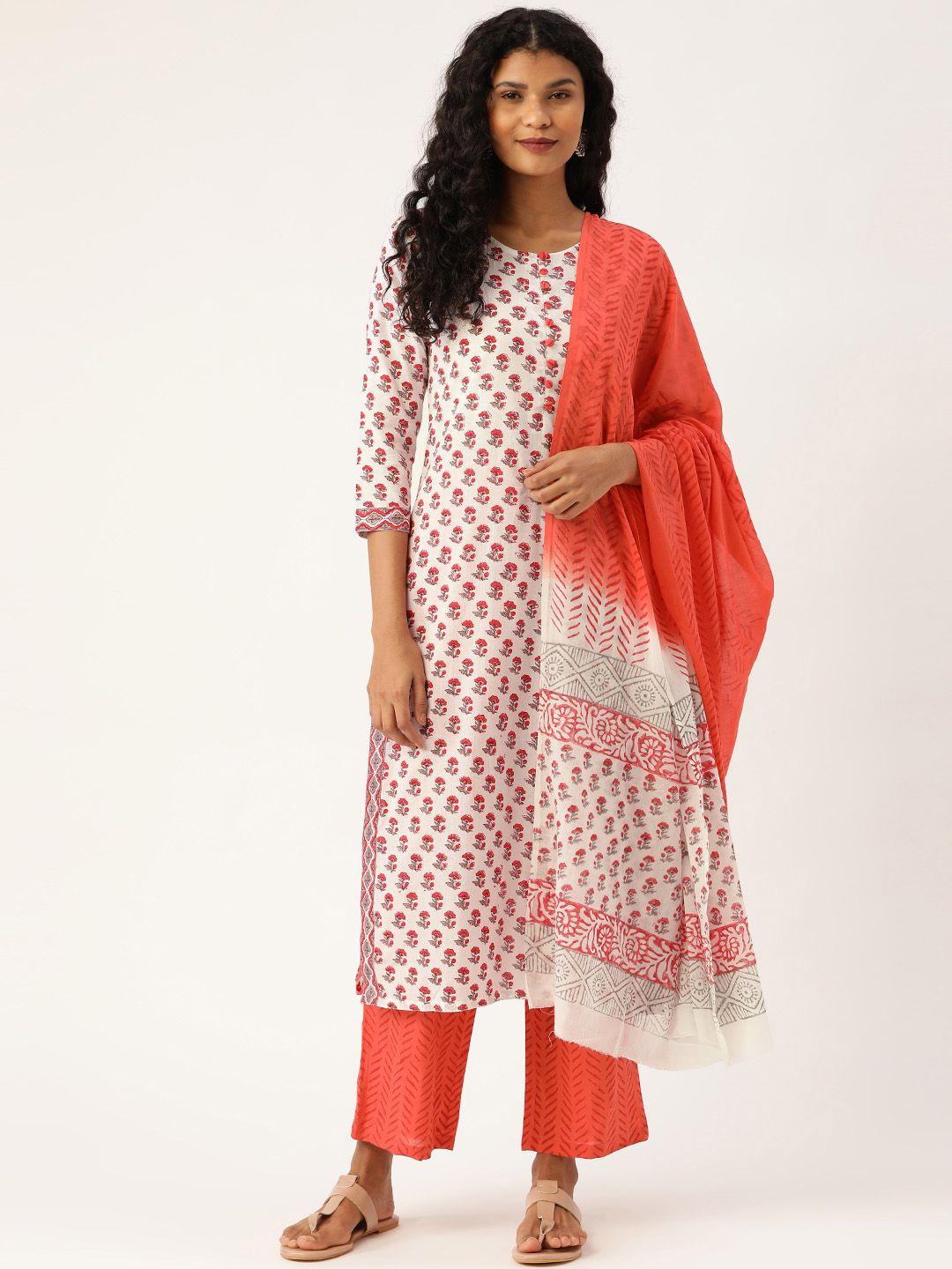 prakrti women white & coral orange hand block printed  sustainable kurta with palazzos & dupatta