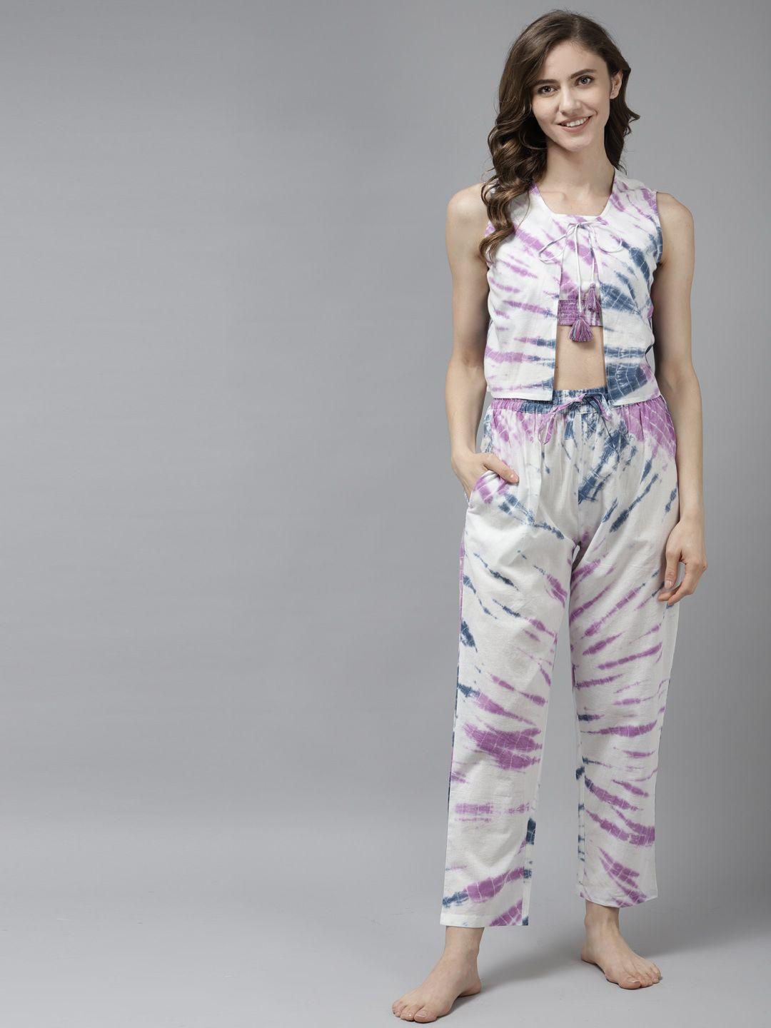 prakrti women white & lavender tie & dye printed cotton 3 piece night suit