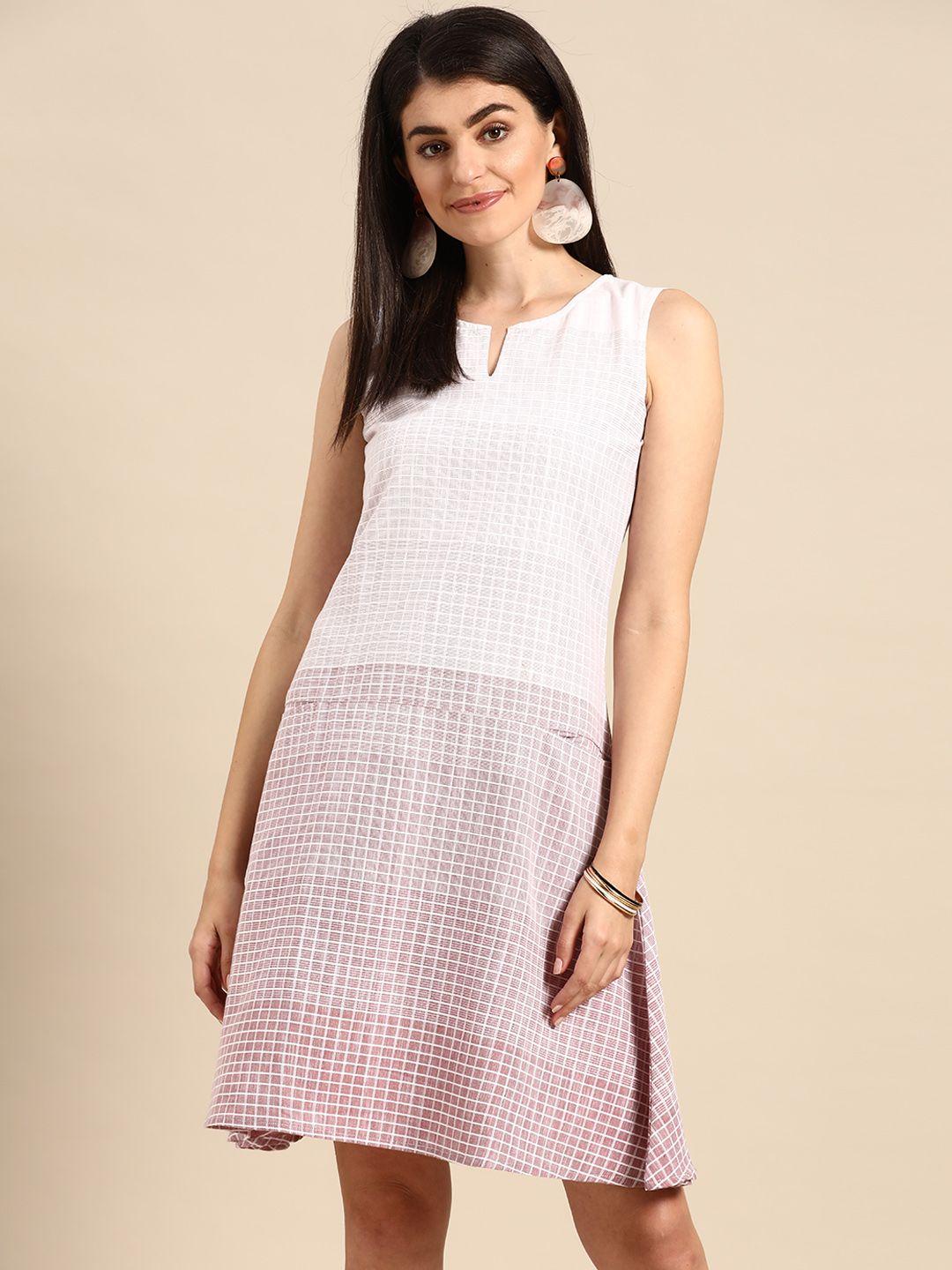 prakrti women white & maroon checked a-line dress