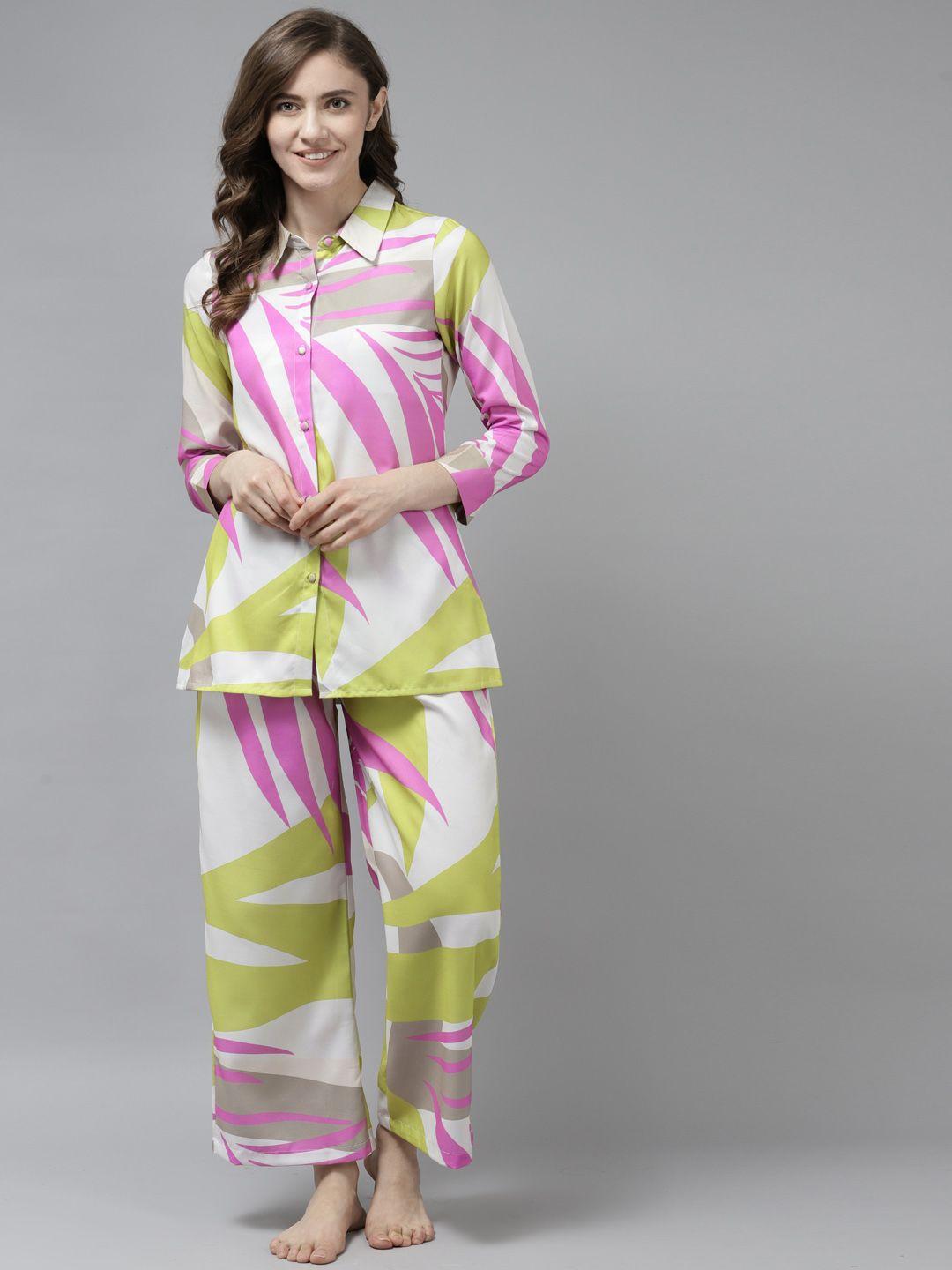 prakrti women white & purple printed 3 piece night suit