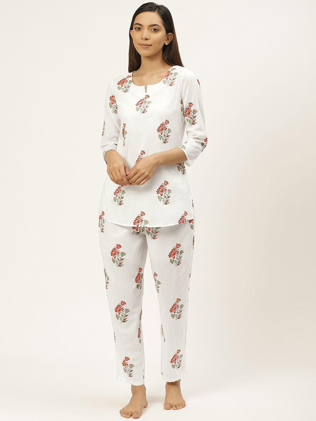 prakrti women white & red handblock floral print pure cotton night suit