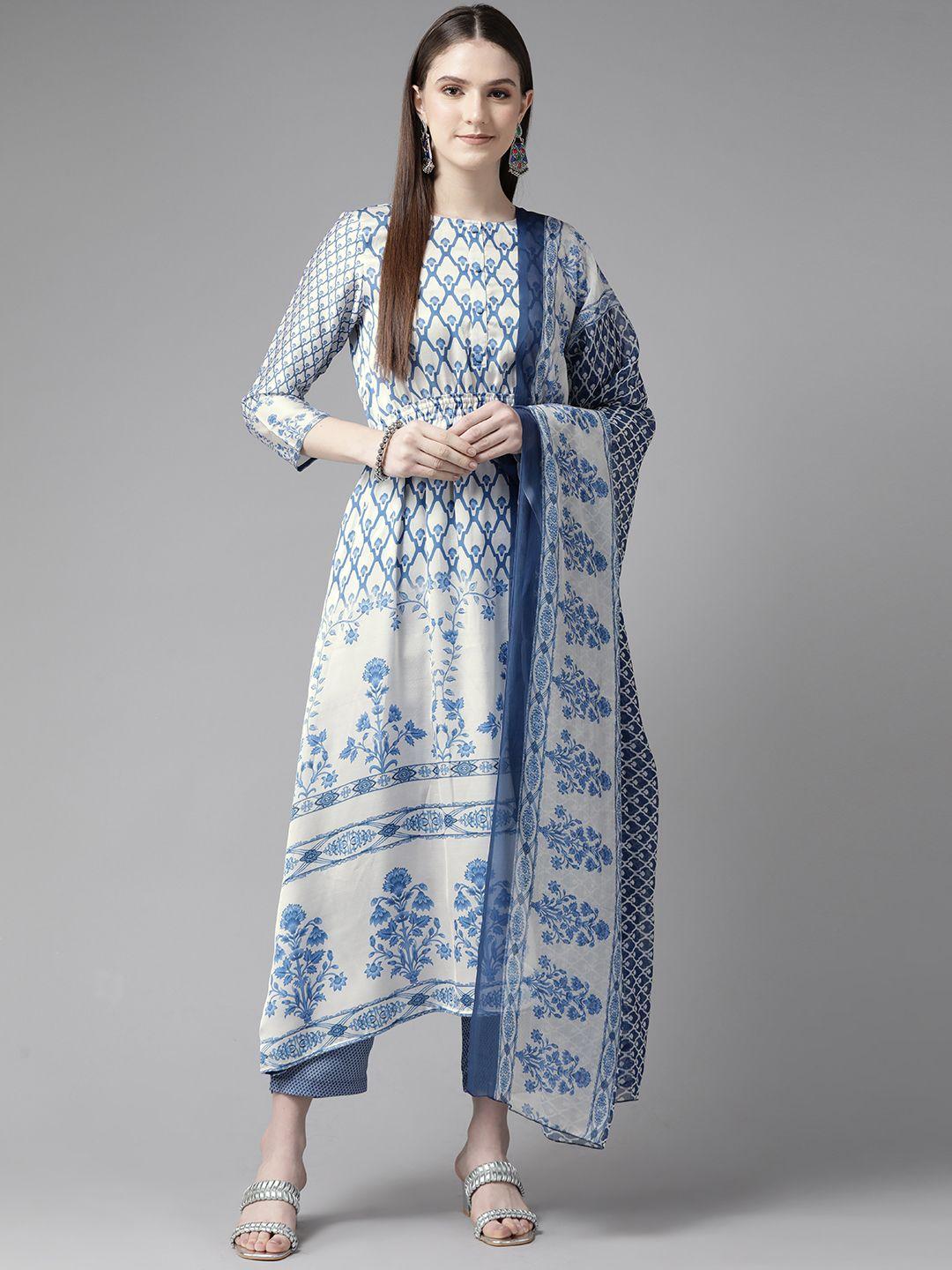 prakrti women white ethnic motifs printed kurta with palazzos & with dupatta