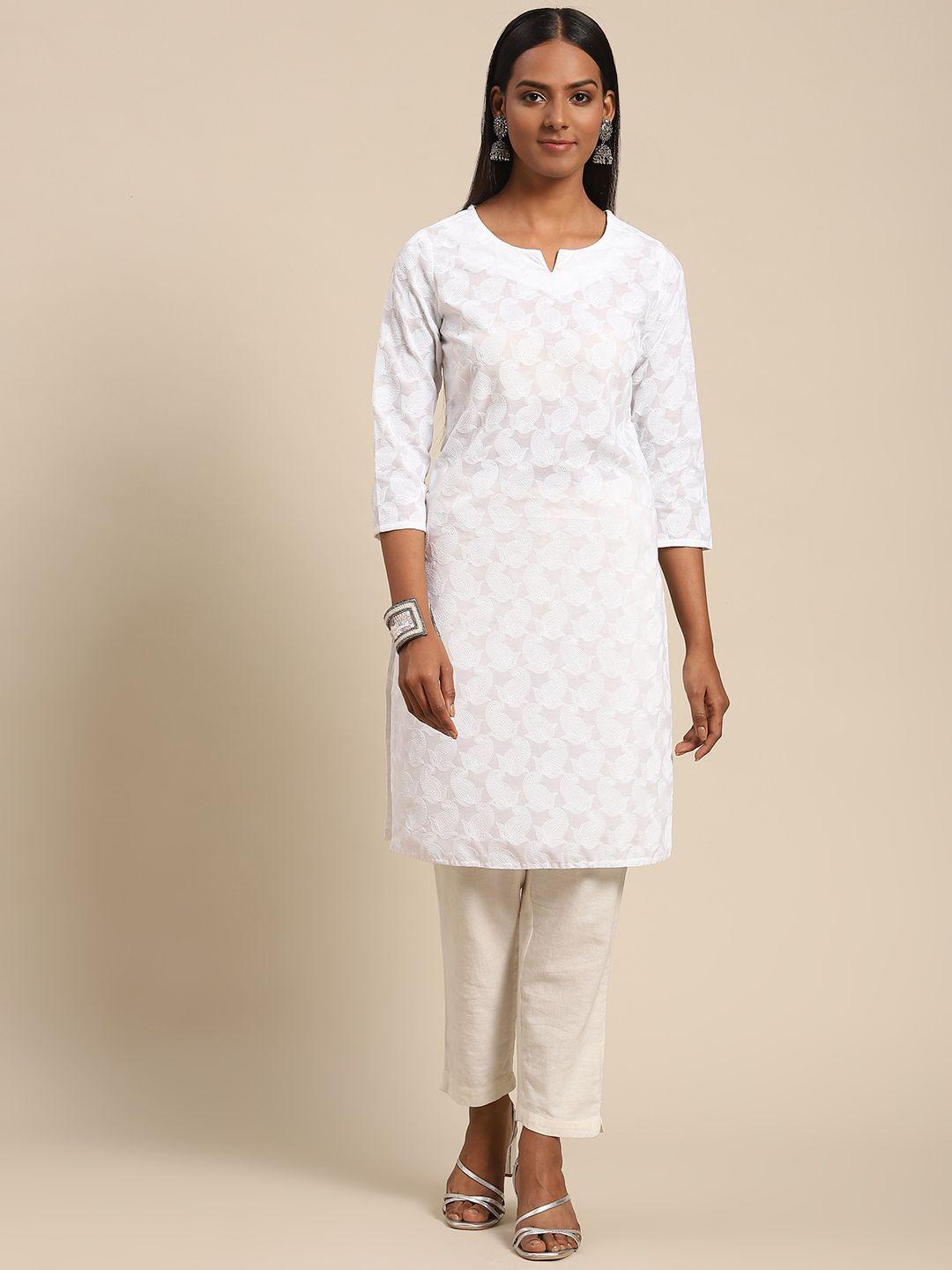 prakrti women white paisley embroidered cotton chikankari kurta