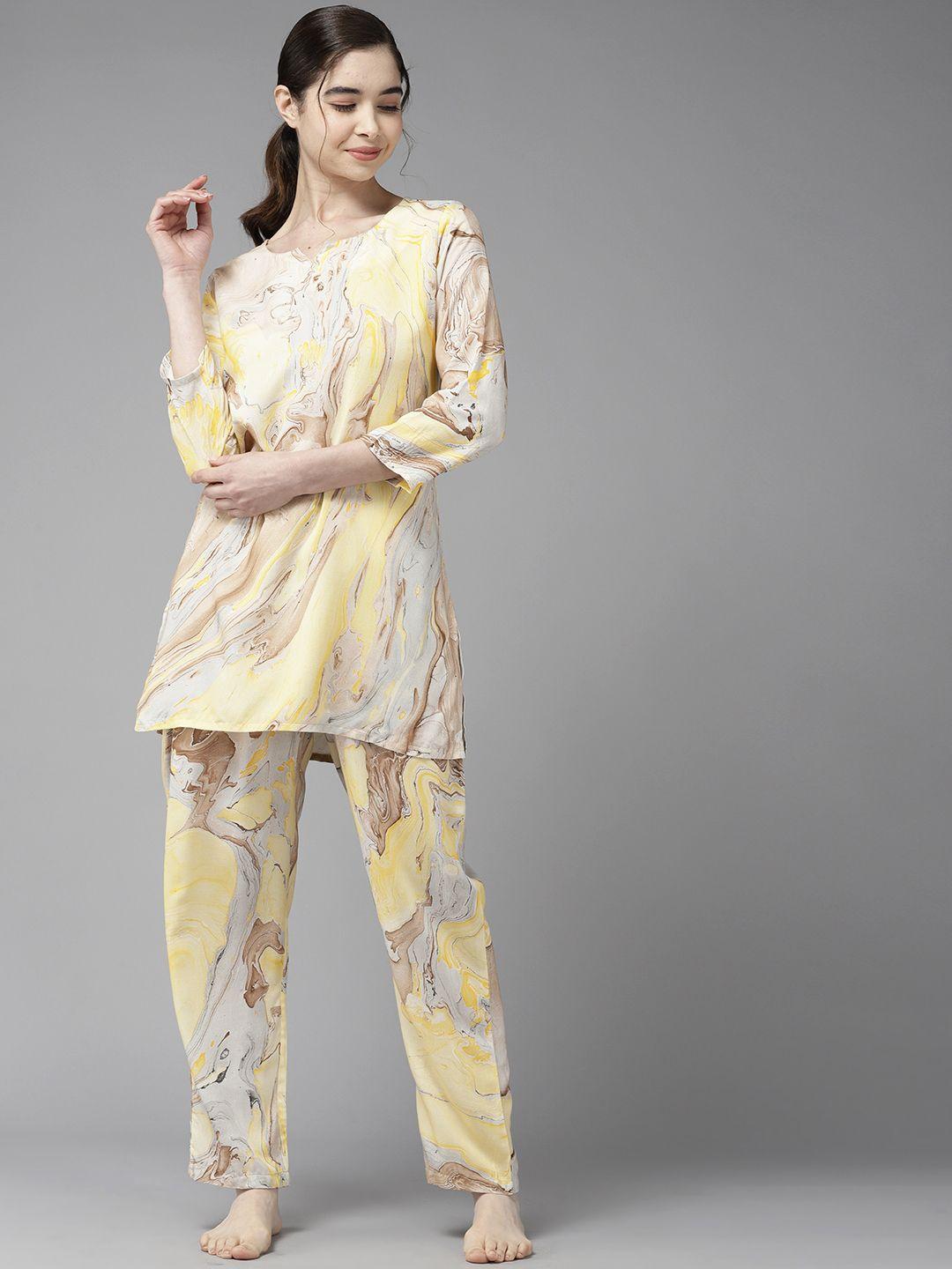 prakrti women yellow & grey printed night suit