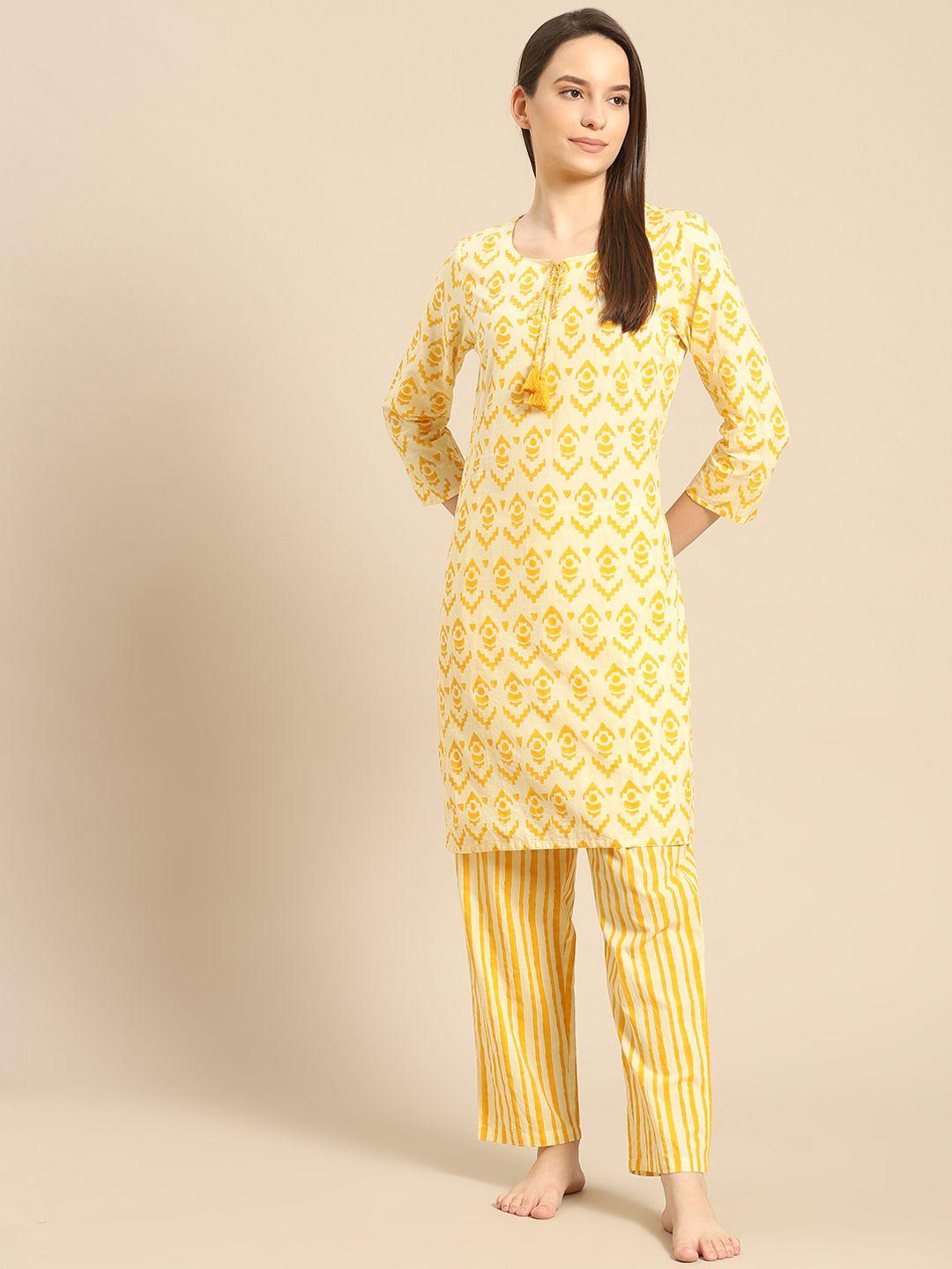 prakrti women yellow geometric printed pure cotton night suit