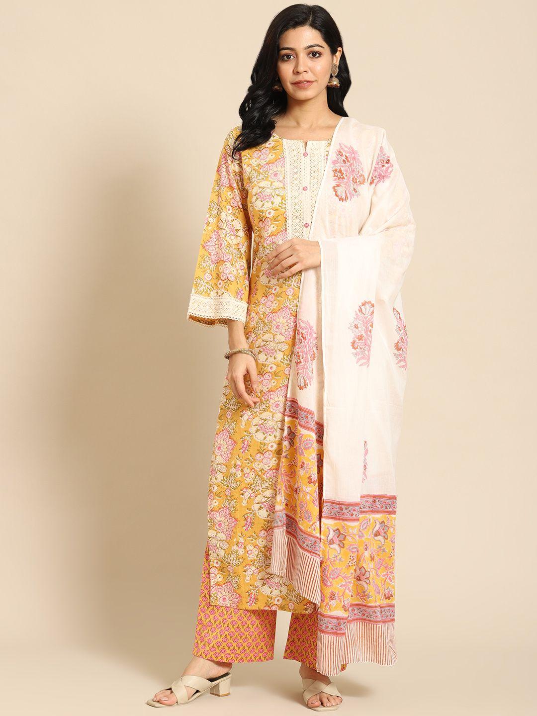 prakrti women yellow printed regular pure cotton kurta with palazzos & with dupatta