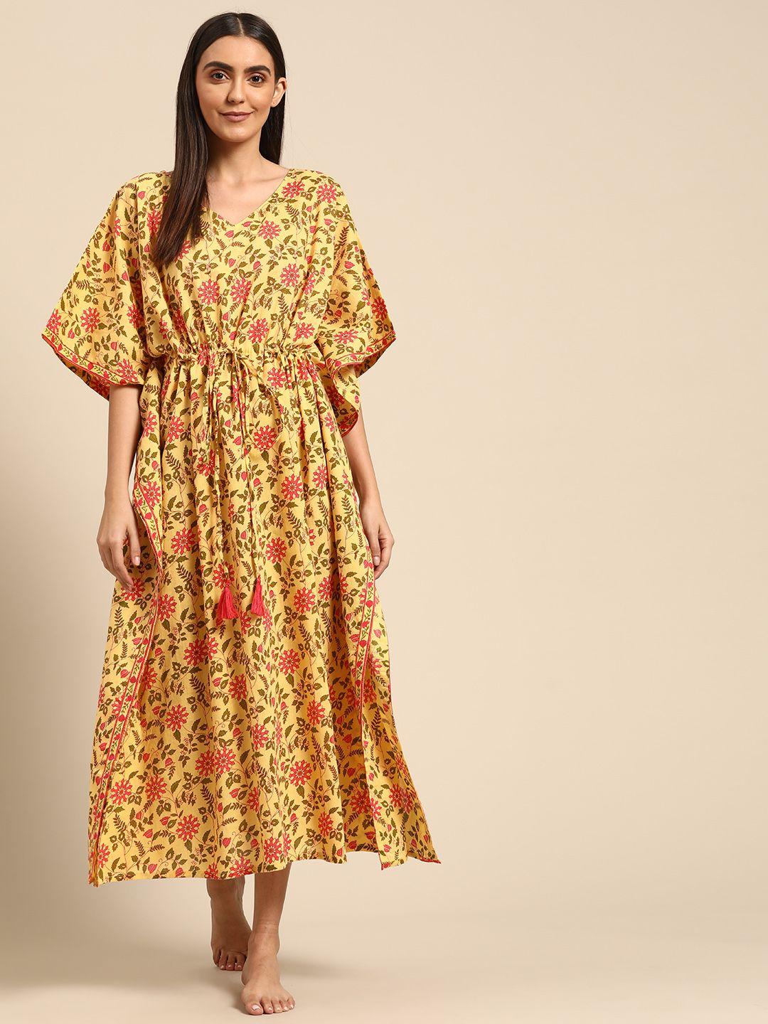 prakrti yellow & pink floral jaal print pure cotton kaftan nightdress