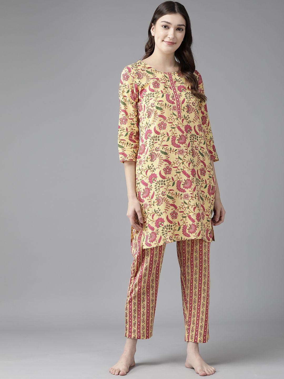 prakrtio-yellow-&-pink-pure-cotton-floral-print-night-suit