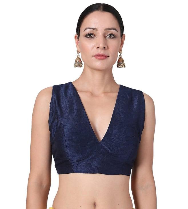 pranay baidya blue dupion v neck sleevless silk blouse