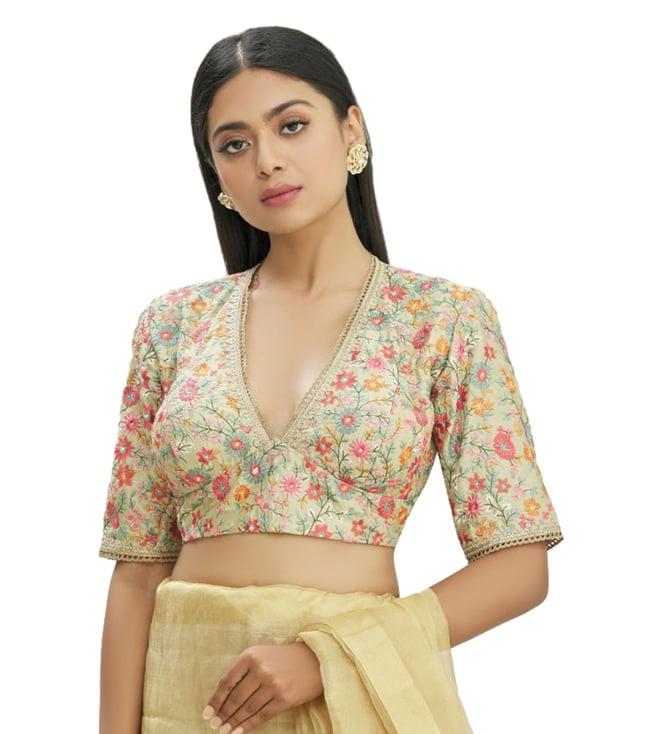 pranay baidya dull green & multicoulour embroidery blouse with gold lase finished