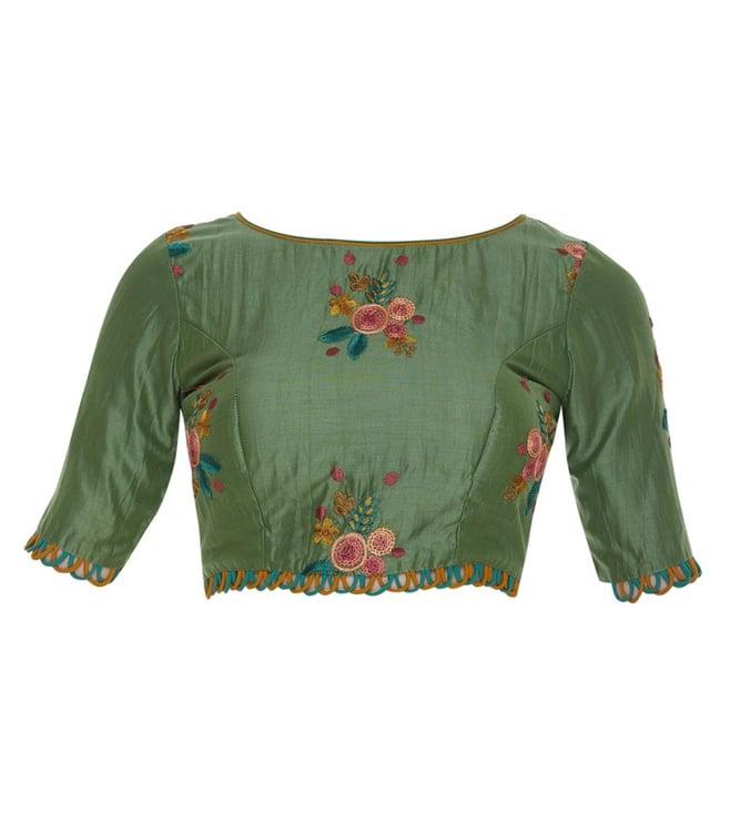 pranay baidya green chanderi silk thread embroidery blouse