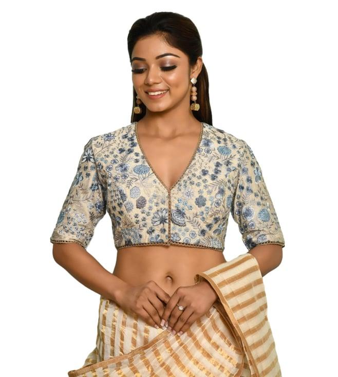 pranay baidya ivory & sky blue embroidery blouse with gold lase edging