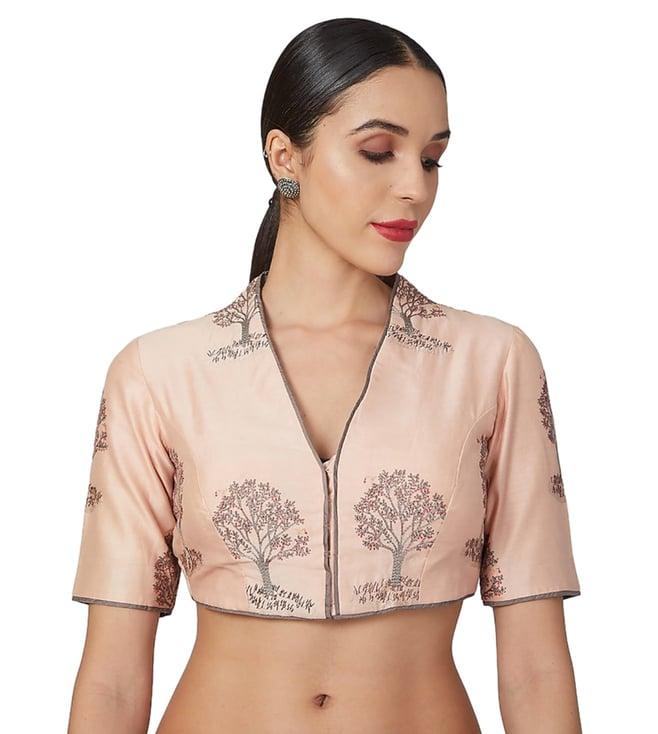 pranay baidya peach chanderi embroidered tree floral v neck with front open blouse