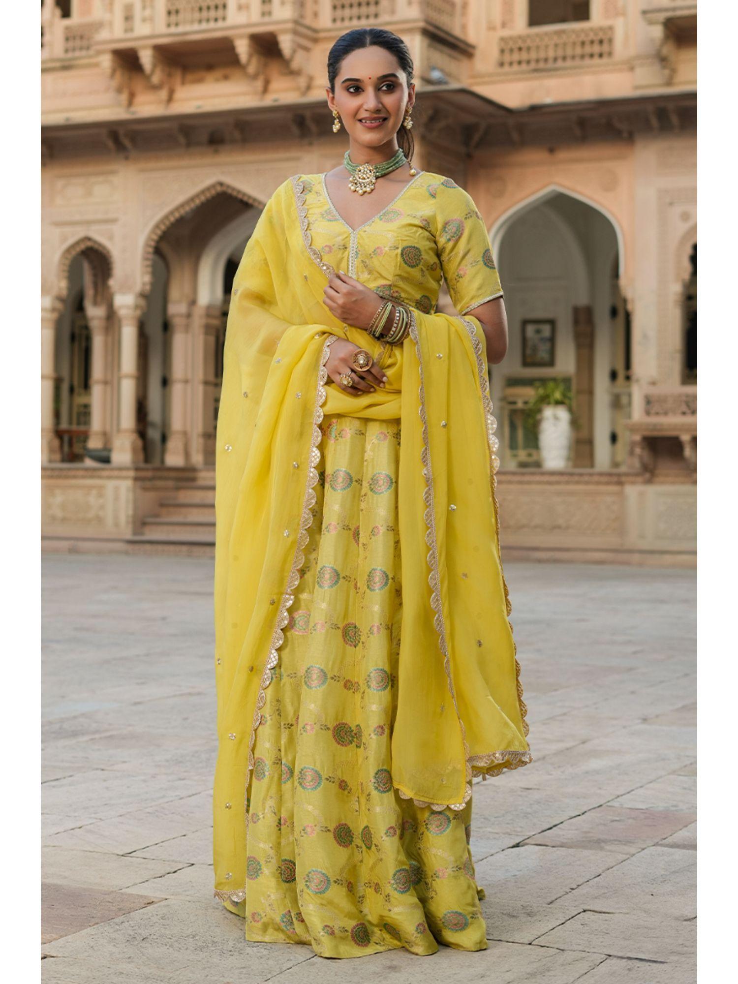 prashi lime yellow silk jacquard printed lehenga (set of 3)