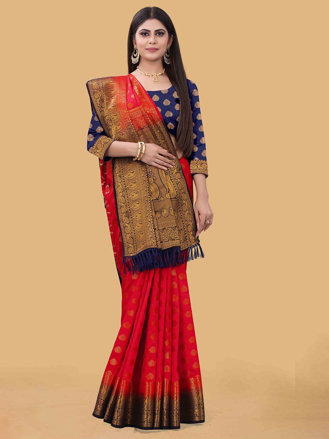 prasthan red & navy blue ethnic motifs zari silk cotton banarasi saree