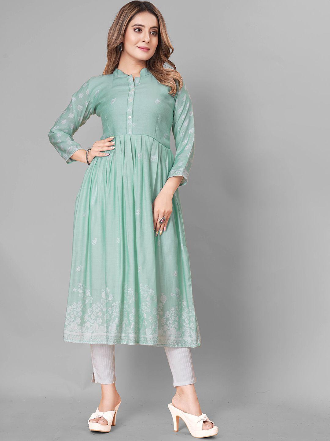 prasthan women turquoise blue thread work jacquard liva kurta