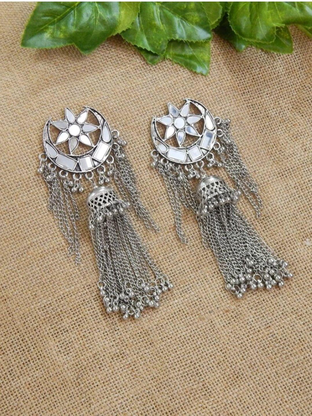 prasub silver-toned oval jhumkas earrings