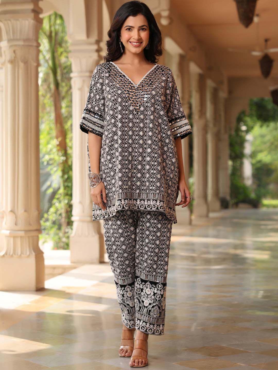 pratap sons chikankari-embroidered kaftan tunic with trousers & inner slip co-ords