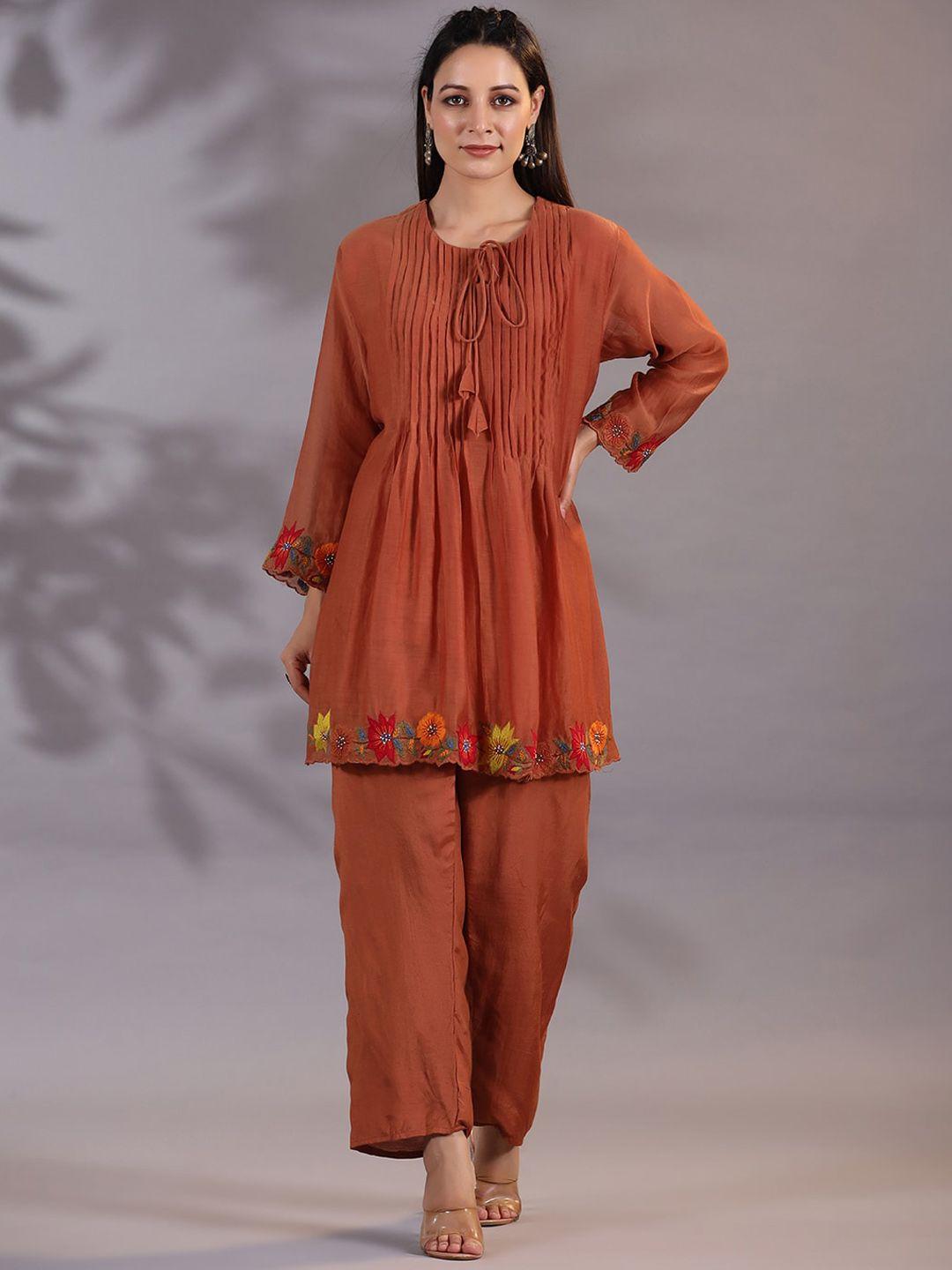 pratap sons floral embroidered pleated & tie-ups tunic with trousers