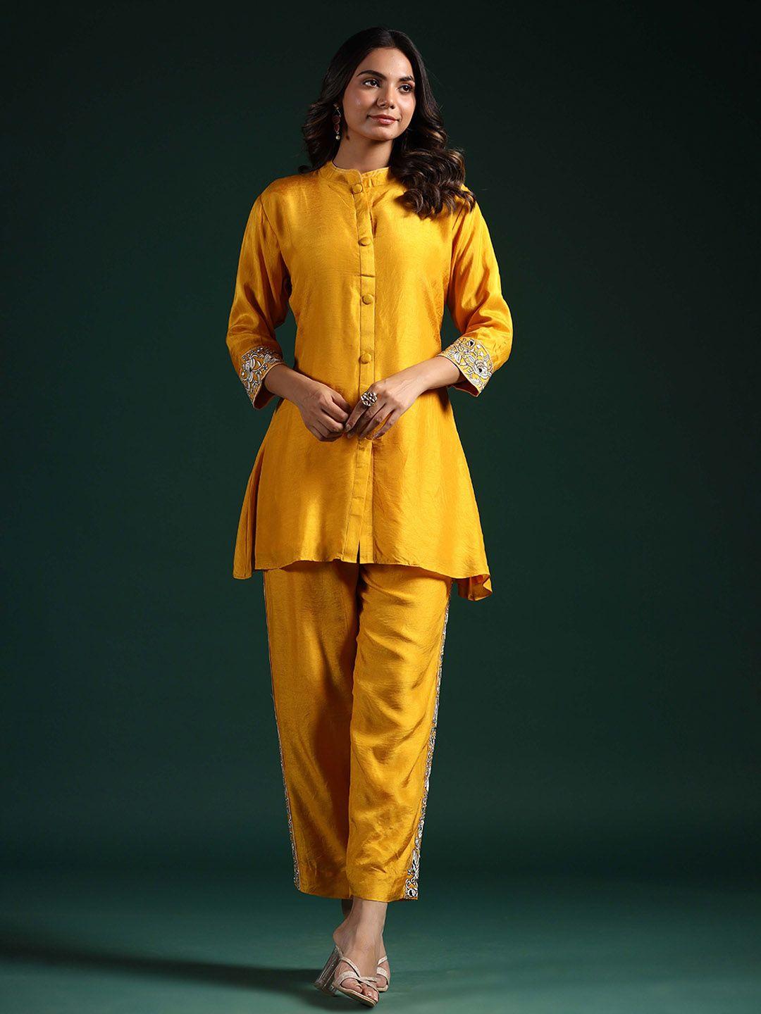 pratap sons floral embroidered raw silk tunic with trouser co-ords