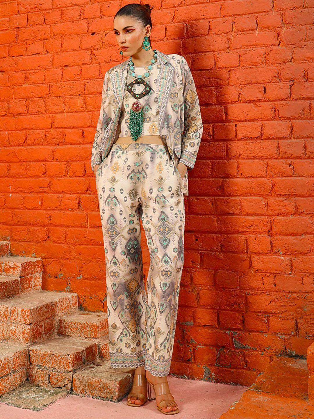 pratap sons printed sleeveless crop top with trousers & shawl neck jacket