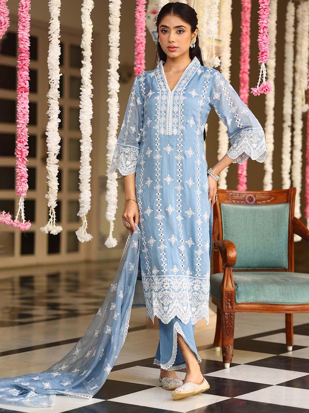 pratap sons women blue ethnic motifs embroidered regular chikankari kurta with salwar & with dupatta