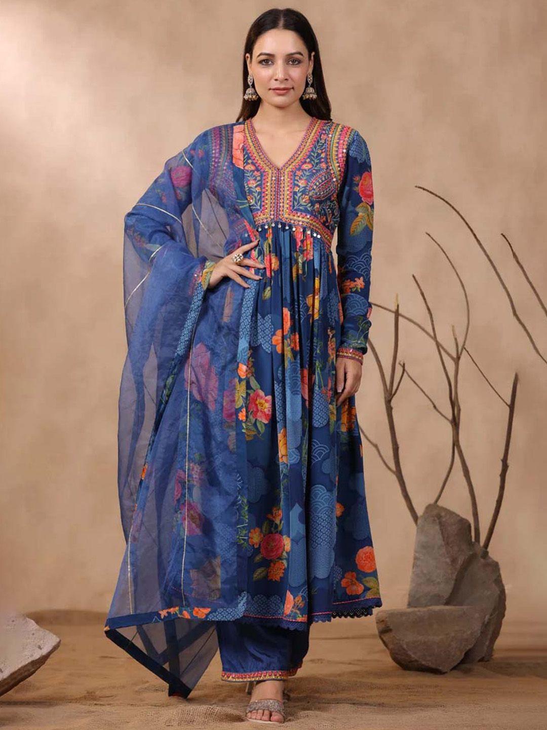 pratap sons women blue floral printed empire mirror work kurta with salwar & with dupatta