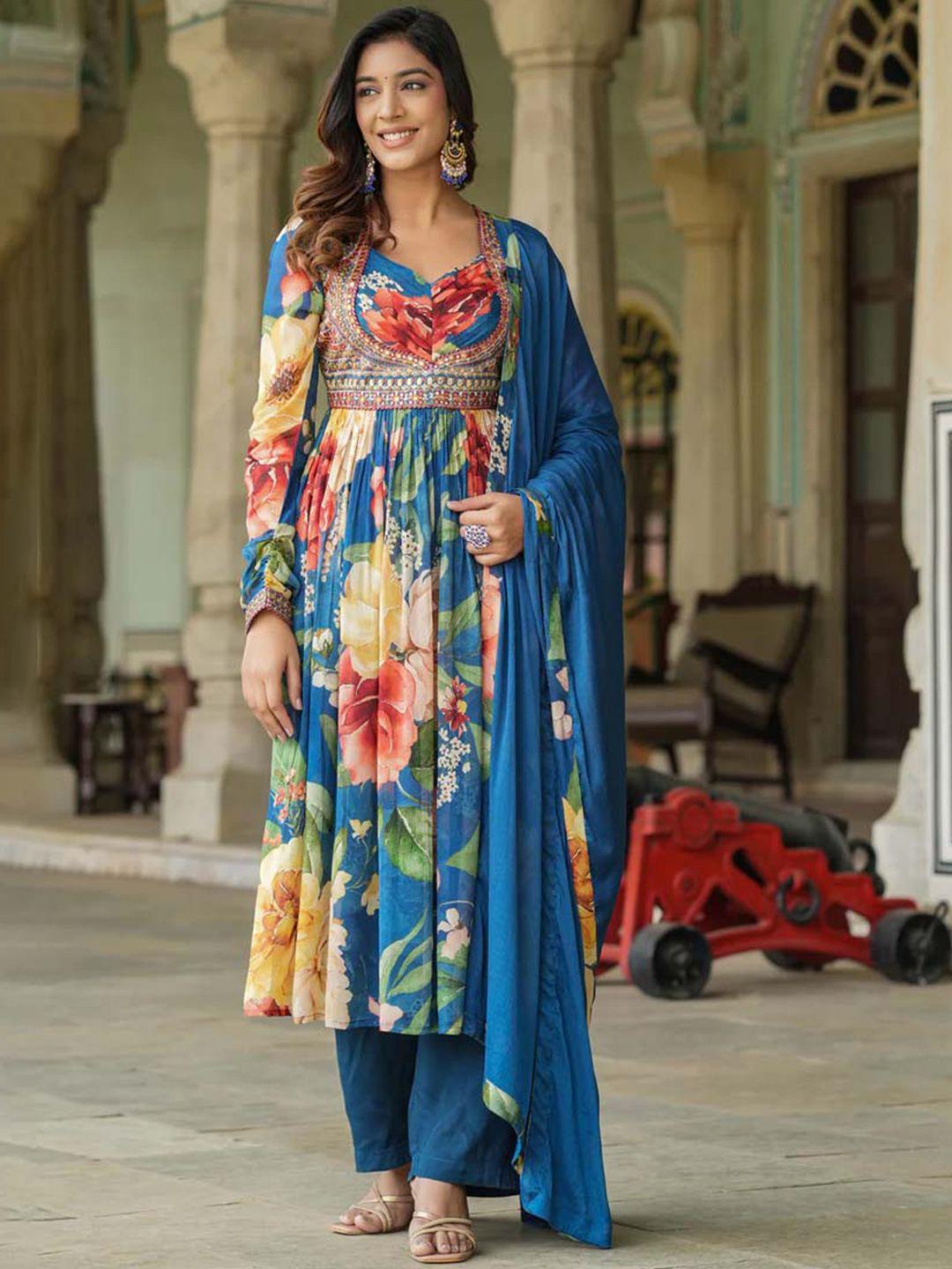 pratap sons women blue floral printed empire sequinned silk crepe kurta with salwar & with dupatta