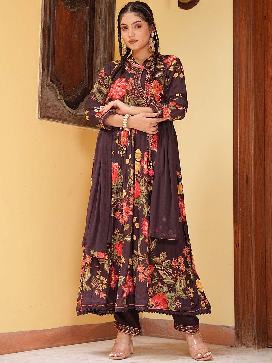 pratap sons women burgundy floral printed angrakha silk crepe kurta with salwar & with dupatta