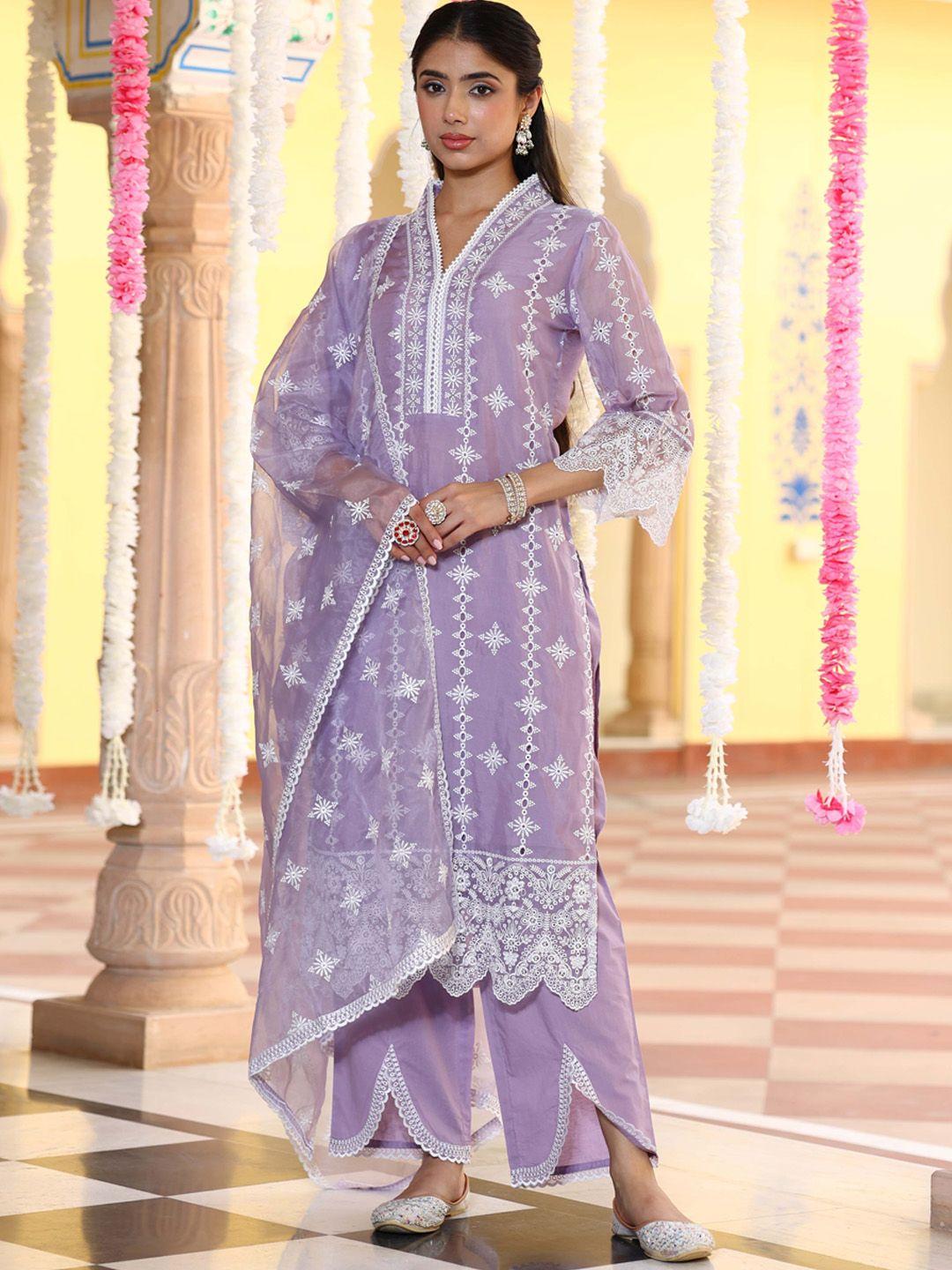 pratap sons women lavender ethnic motifs embroidered regular chikankari kurta with salwar & with dupatta